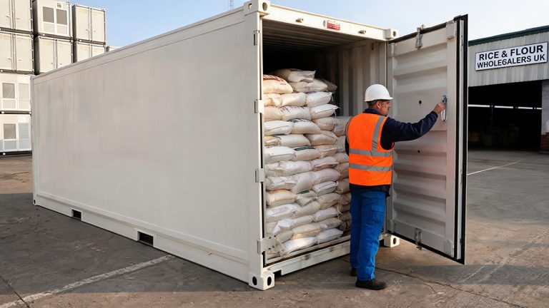 Clean storage container with sealed boxes on shelving and clear space for checking around the doors
