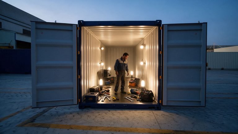 Battery-powered LED lights illuminating labelled shelves and a clear aisle inside a storage container