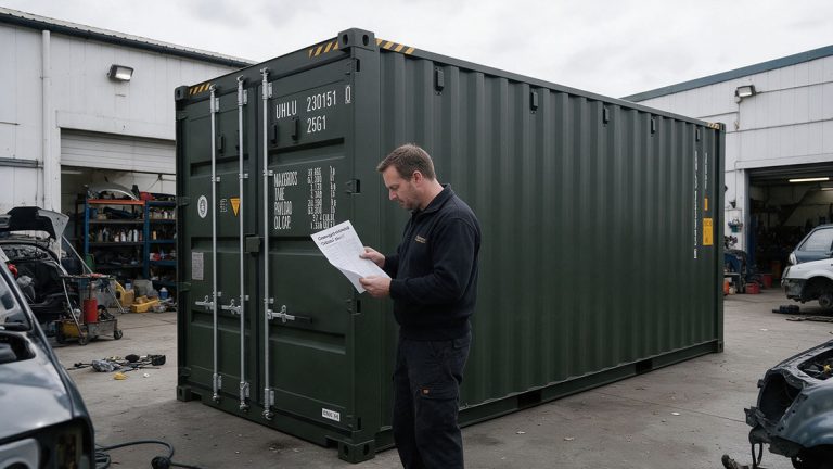 Empty hired shipping container with clean flooring and clear yard access ready for collection