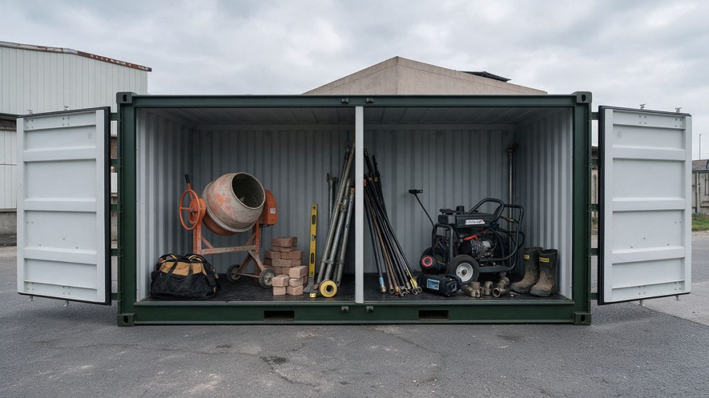 Shared shipping container in a Widnes trade yard with separately labelled shelving for different teams
