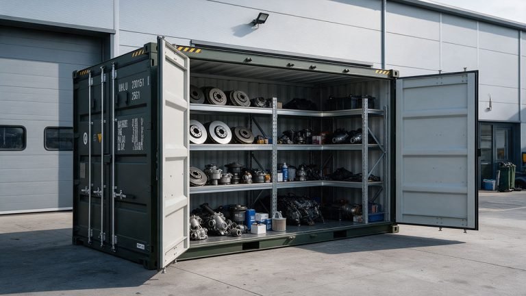 Shipping container at a Widnes garage with tyre racks, boxed spare parts and workshop equipment