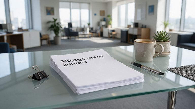 Business owner recording boxed stock and equipment inside a shipping container for insurance checks