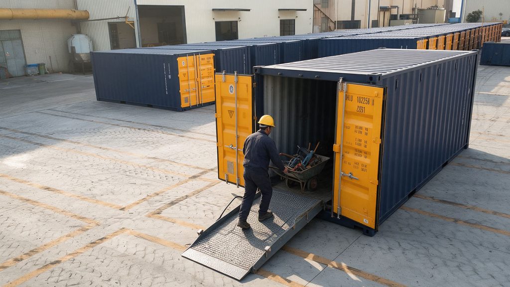 Loading ramp aligned with a shipping container doorway on a clear level loading area