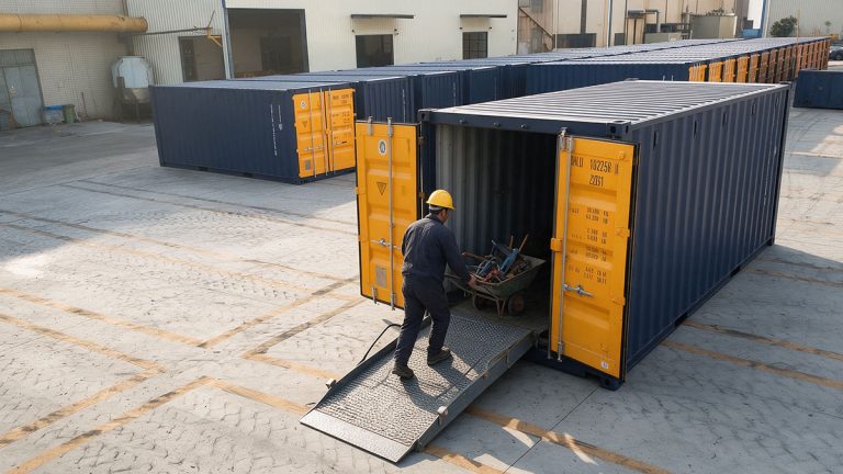 Loading ramp aligned with a shipping container doorway on a clear level loading area