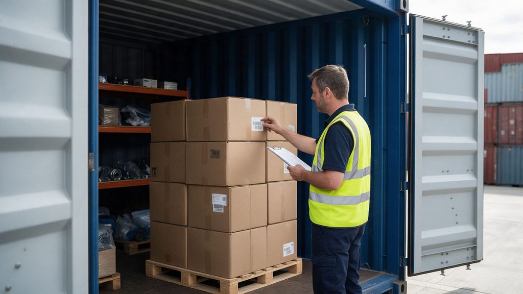 Worker checking labelled boxes against a stock inventory inside an organised shipping container